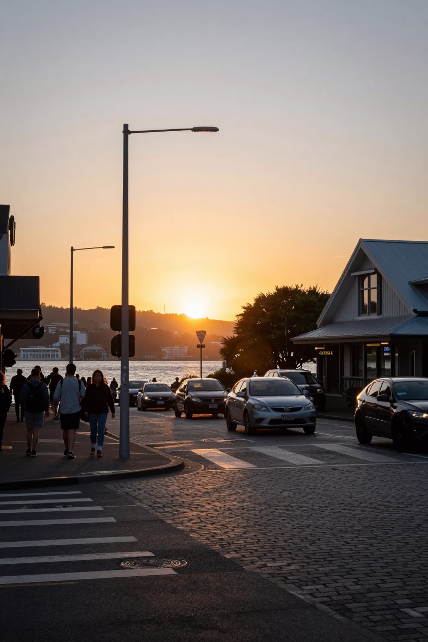 Busy Wellington Street Corner at Sunset with Commuters and Vintage Tram in in Wellington, New Zealand