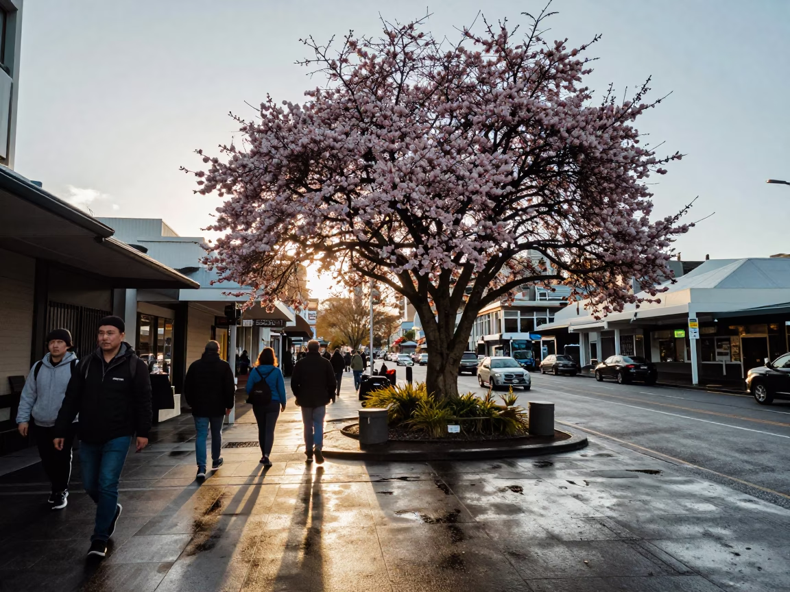 Busy Wellington Street Corner Late Afternoon with Dogwood Tree and Urban Activity in in Wellington, New Zealand