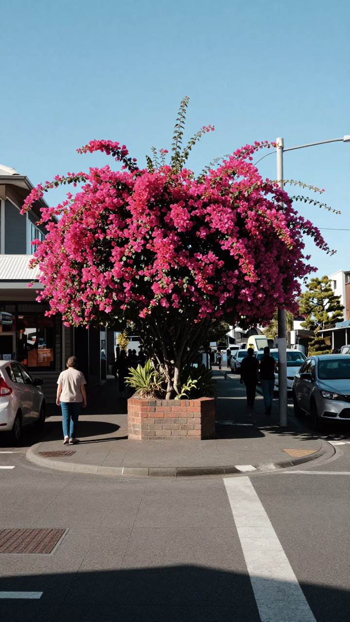 Busy Wellington Street Corner with Bougainvillea and Reflections in in Wellington, New Zealand