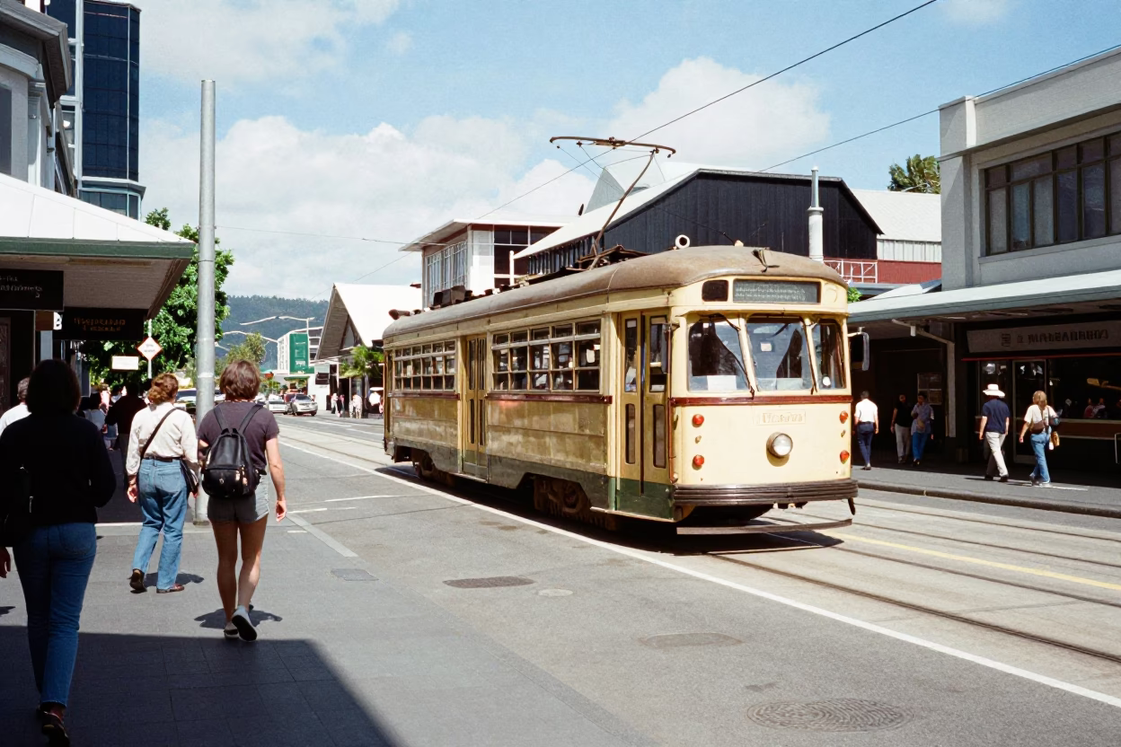 Busy Wellington Street Corner with Tram and Pedestrians Under Bright Noon Sun in in Wellington, New Zealand
