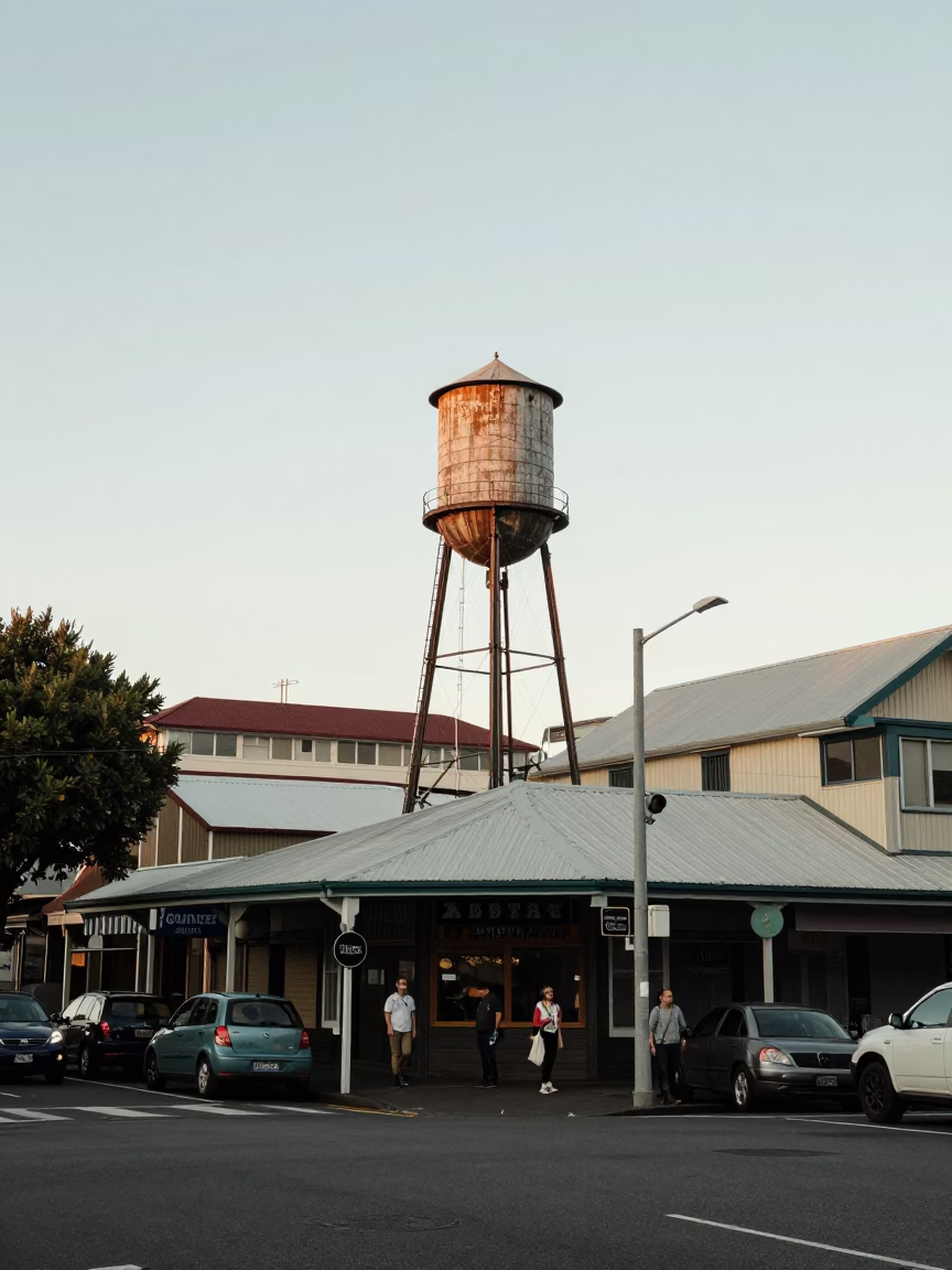 Busy Wellington Street Corner with Water Tower and Local Market Activity in in Wellington, New Zealand