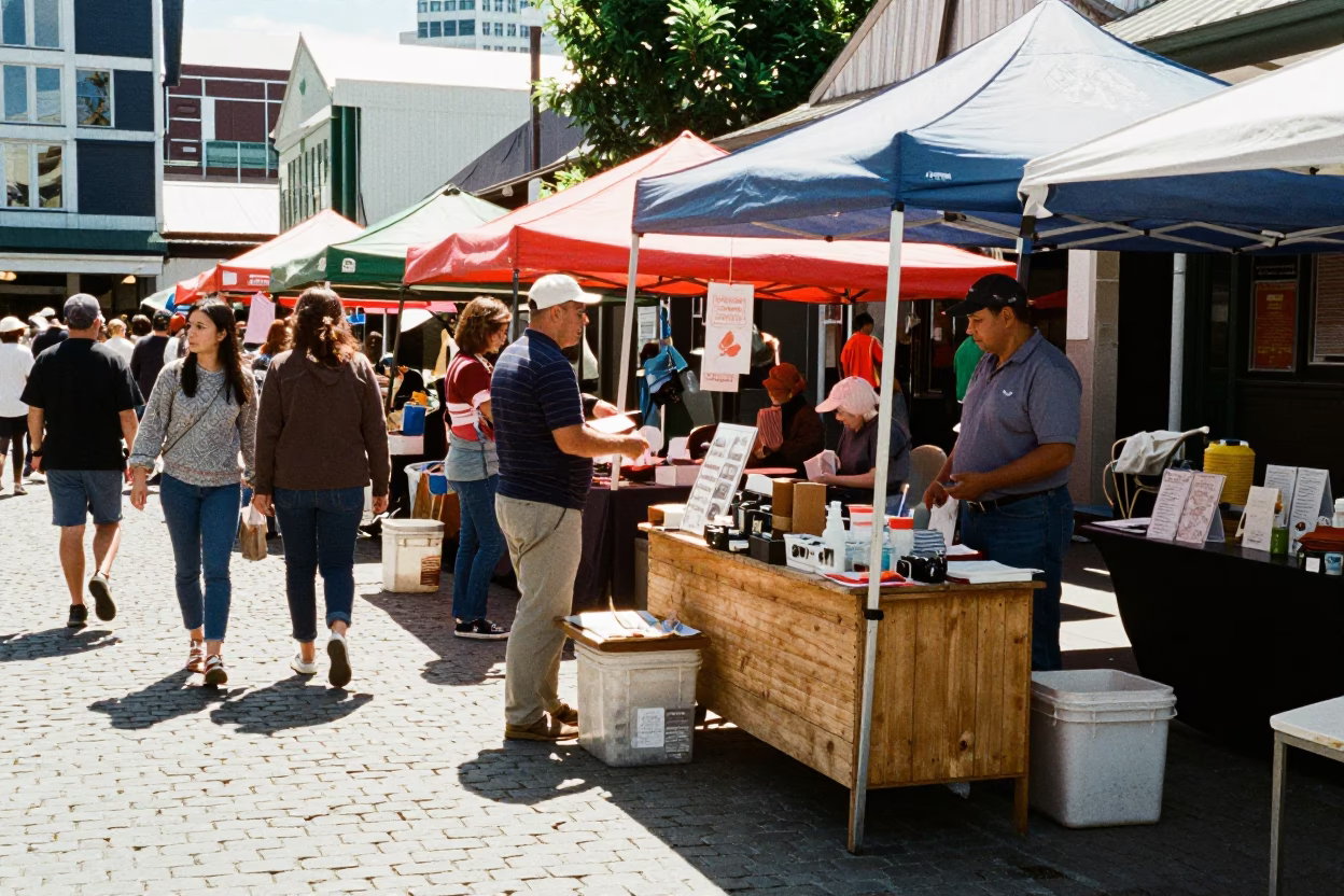 Busy Wellington Street Market Midday Scene with Local Vendors and Pedestrians in in Wellington, New Zealand