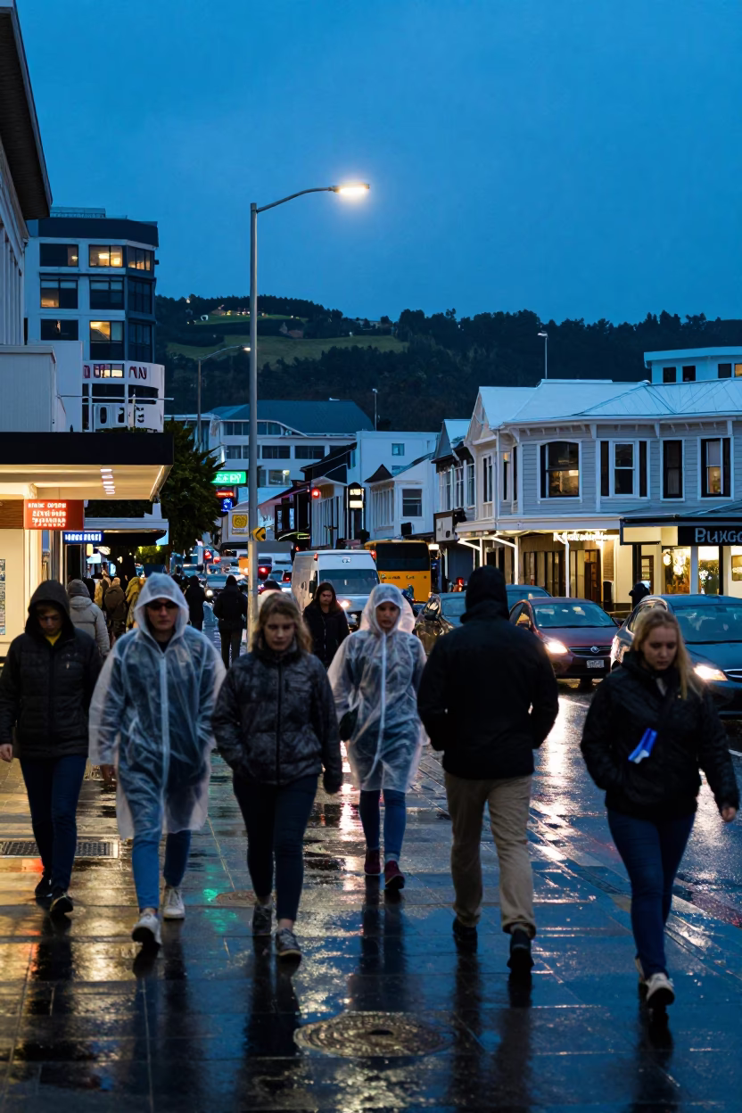 Busy Wellington Street Scene at Blue Hour With Raincoats and Urban Activity in in Wellington, New Zealand