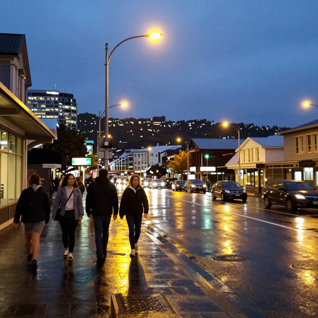 Busy Wellington Street Scene at Dusk with City Lights Glowing and Local Life in in Wellington, New Zealand