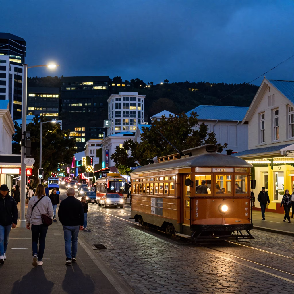Busy Wellington Street Scene at Dusk with Heritage Tram and City Lights in in Wellington, New Zealand