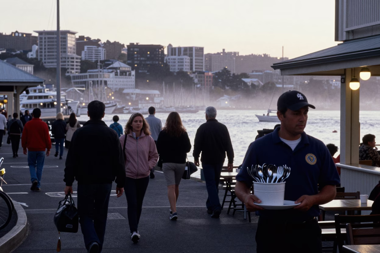 Busy Wellington Street Scene at Nautical Dawn with Commuters and Local Details in in Wellington, New Zealand