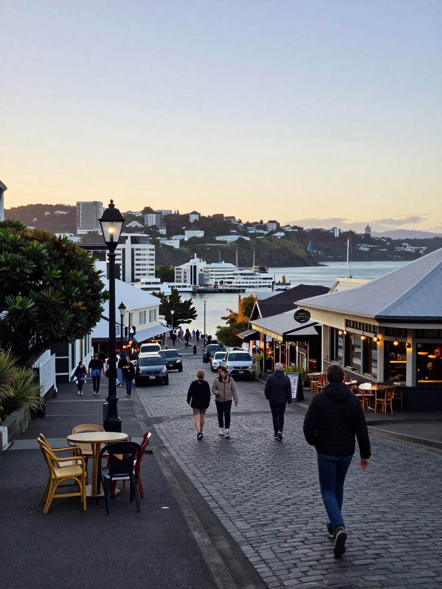 Busy Wellington Street Scene at Nautical Dawn with Local Coffee Shop Activity in in Wellington, New Zealand