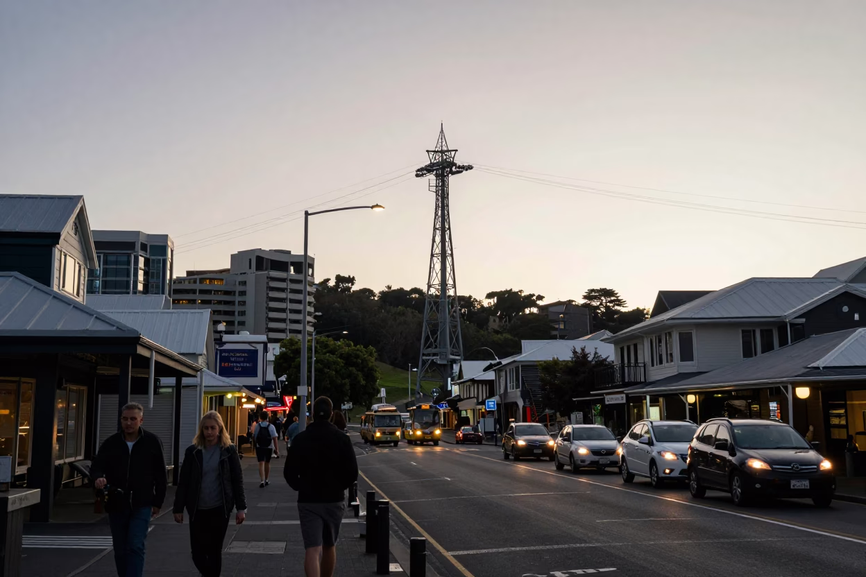 Busy Wellington Street Scene at Nautical Dawn with Local Shop Details in in Wellington, New Zealand