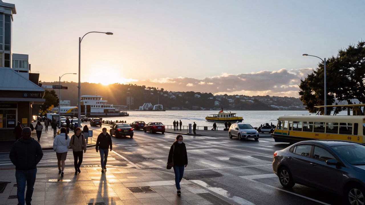 Busy Wellington Street Scene at Sunset with Water Taxi and Glass Tumbler in in Wellington, New Zealand