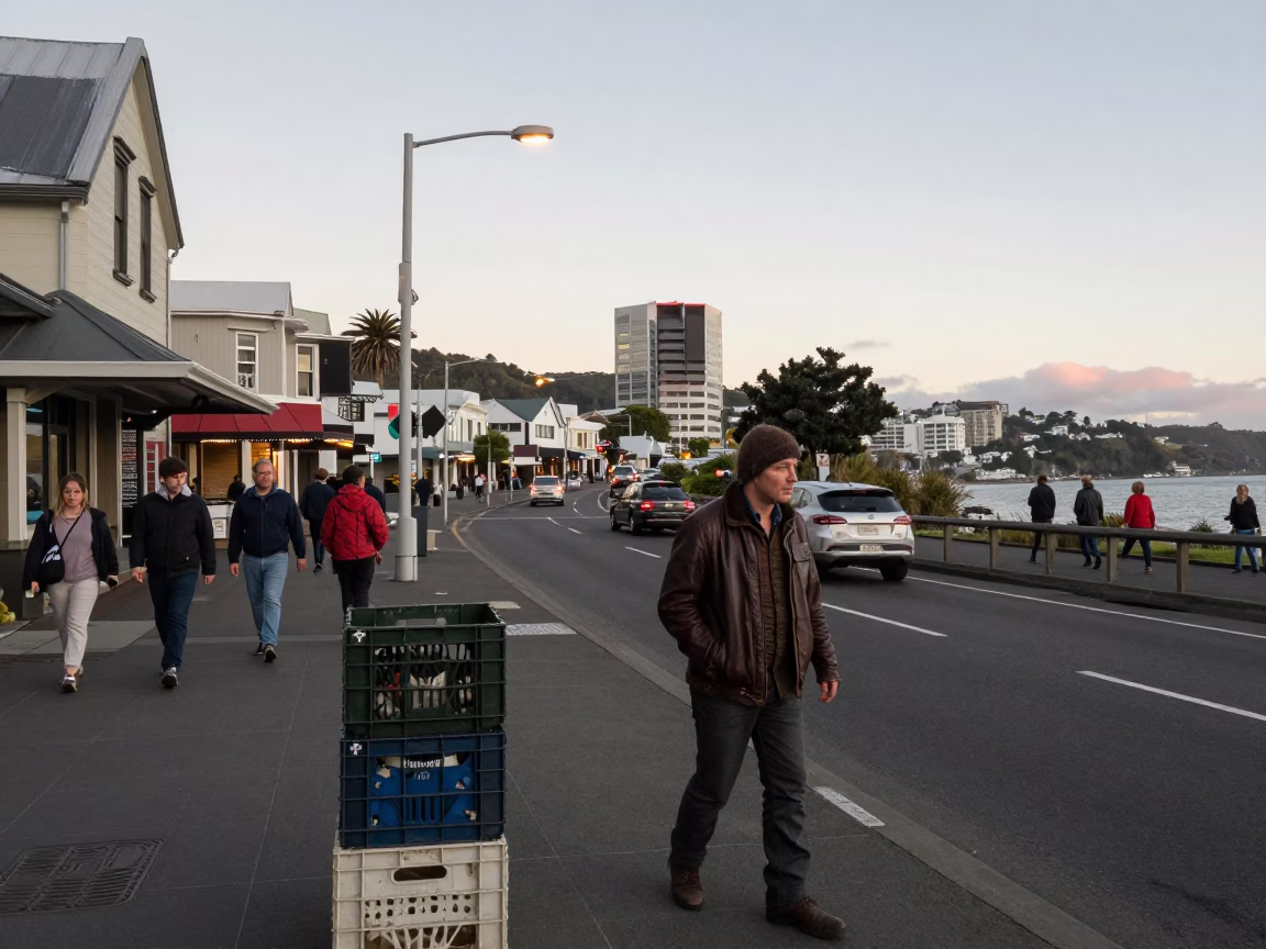 Busy Wellington Street Scene Early Evening with Crate and Vintage Motorcycle Convoy in in Wellington, New Zealand