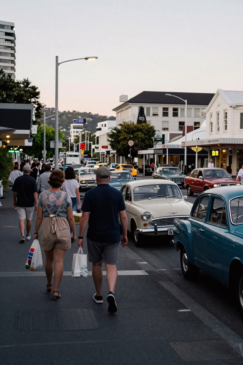 Busy Wellington Street Scene Early Evening with Vintage Cars and Pedestrians in in Wellington, New Zealand