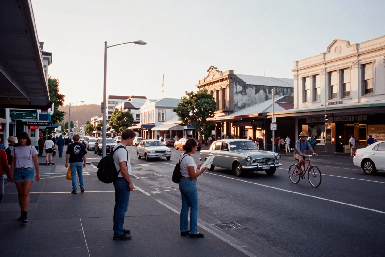 Busy Wellington Street Scene First Light Vintage 1980s Photography in in Wellington, New Zealand