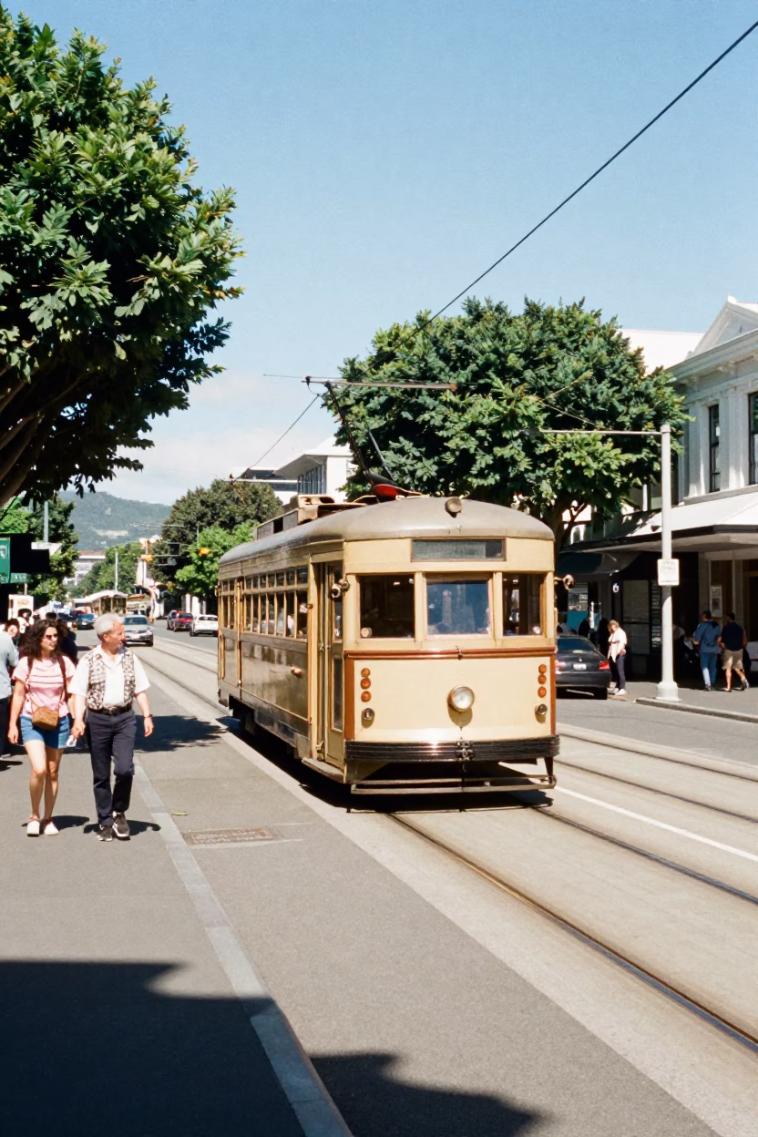 Busy Wellington Street Scene Under Flat Noon Light With Spindle Chair And Tramcar in in Wellington, New Zealand