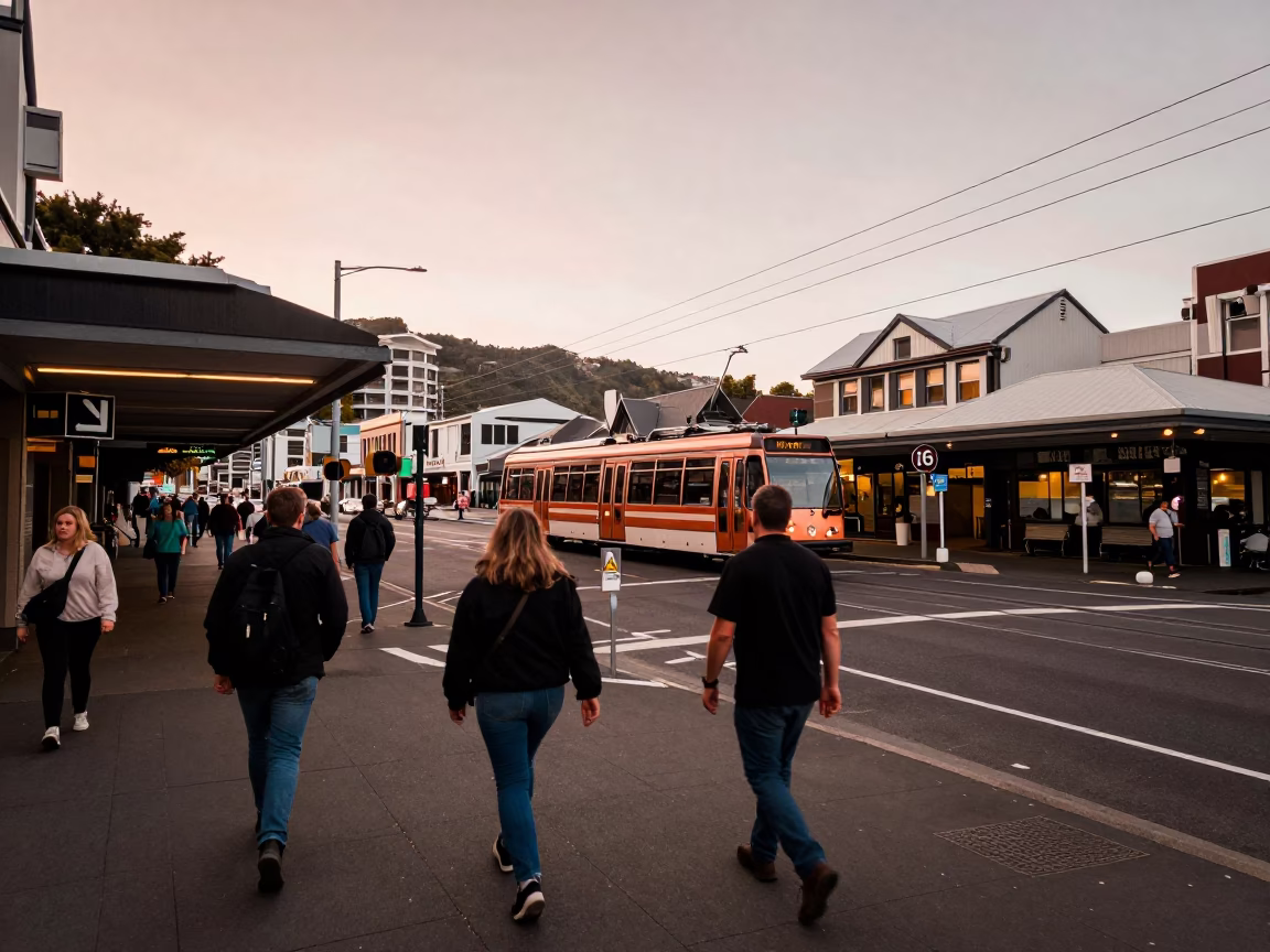 Busy Wellington Street Scene with Aerial Tramway in Copper Dusk Light in in Wellington, New Zealand