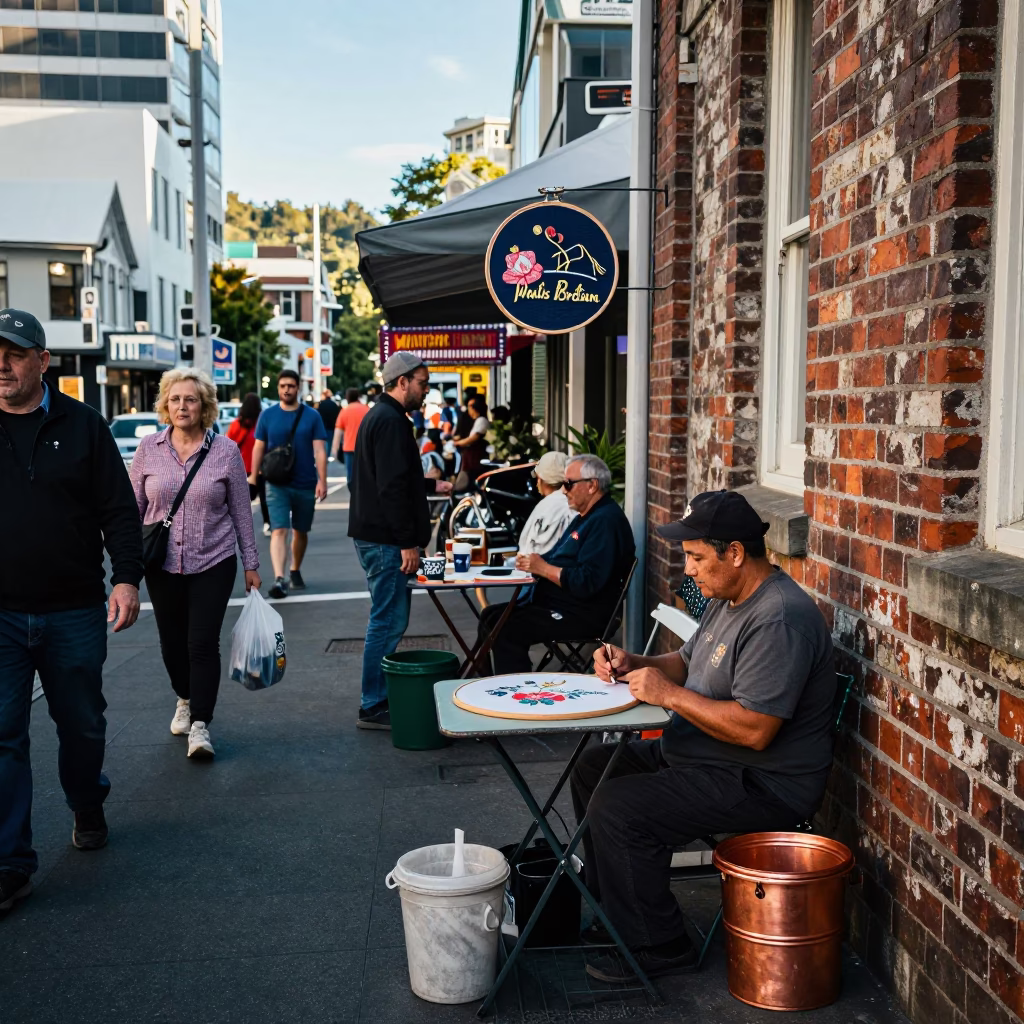 Busy Wellington Street Scene with Embroidery Hoop and Copper Cezve in in Wellington, New Zealand
