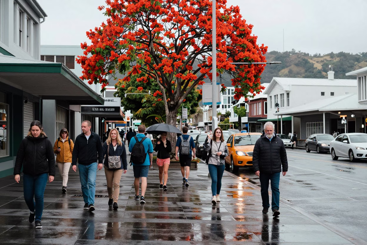 Busy Wellington Street Scene with Flame Tree Bloom and Urban Details in in Wellington, New Zealand