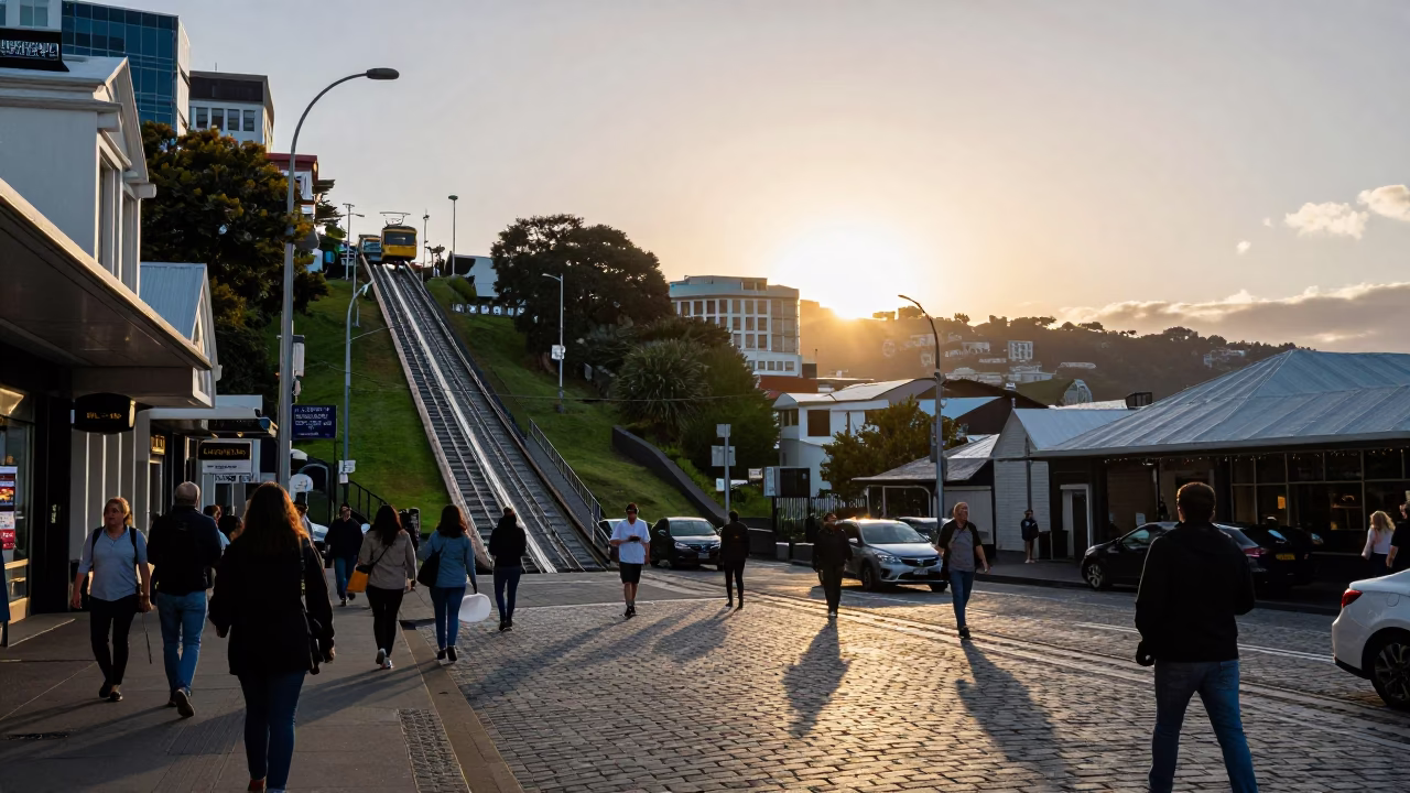 Busy Wellington Street Scene with Funicular Climbing Steep Hill at Sunset in in Wellington, New Zealand