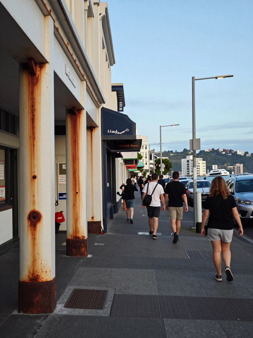 Busy Wellington Street Scene with Rust Details and Coastal Vibe in in Wellington, New Zealand