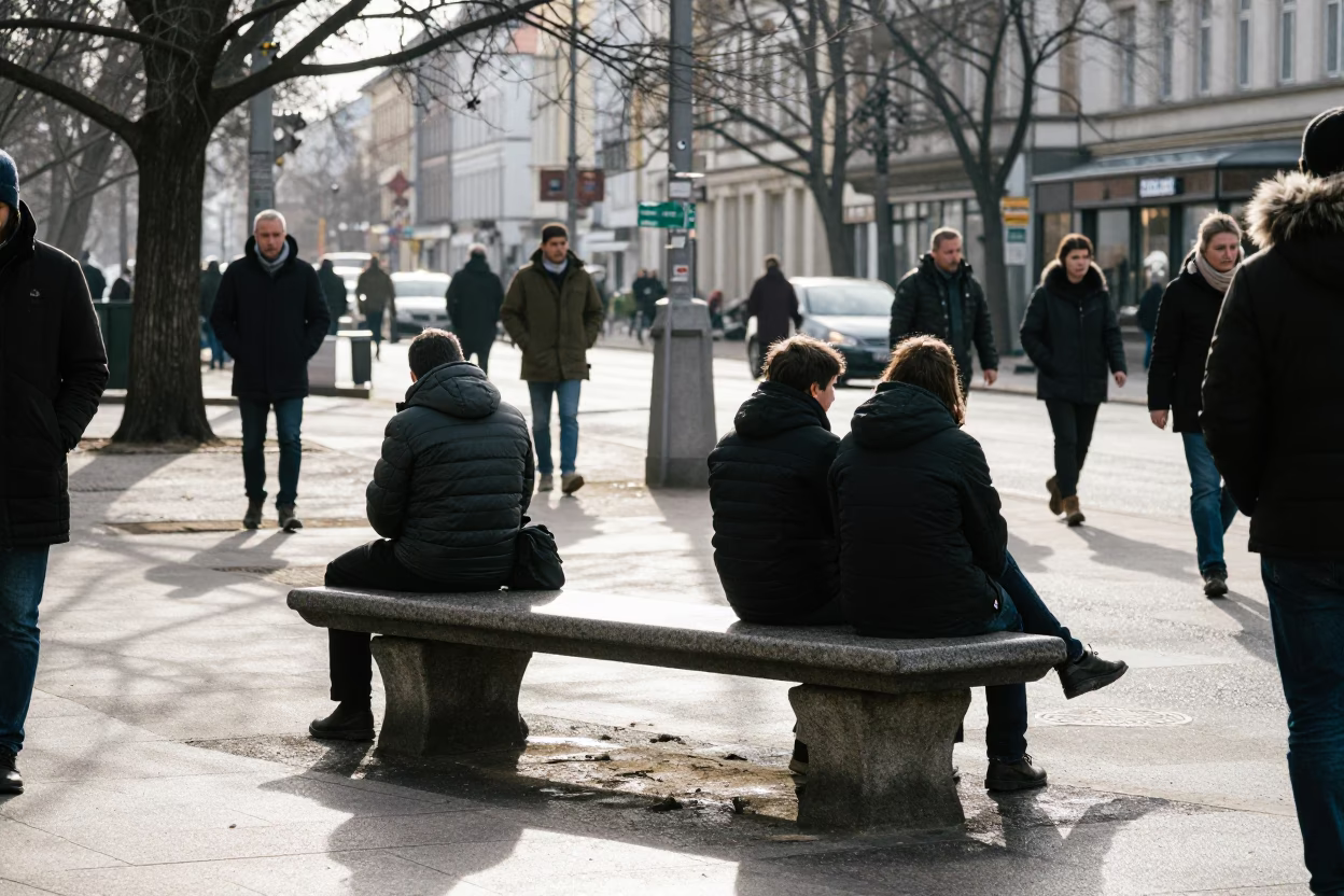 Busy Winter Noon Street Scene in Berlin Germany with Stone Bench in in Berlin, Germany