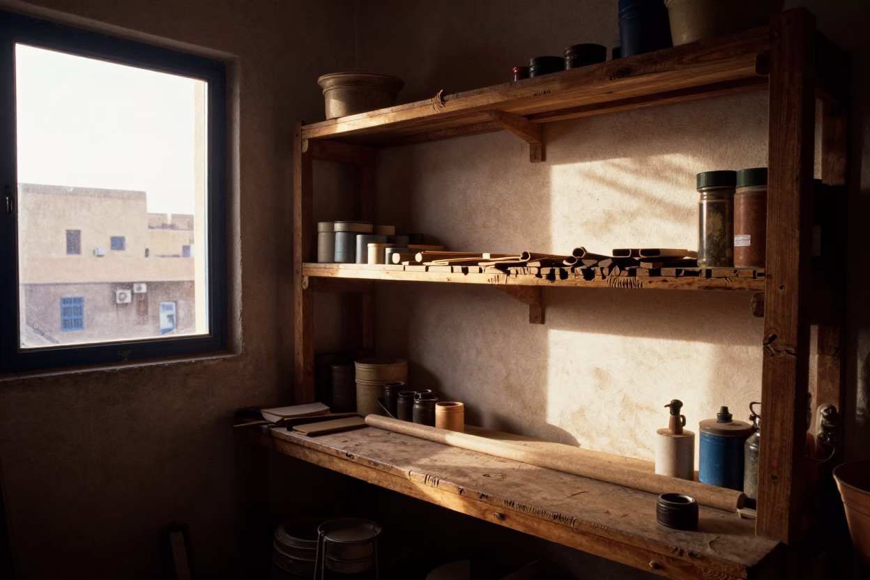Busy Wooden Workshop Shelf in Essaouira Morocco Late Afternoon Light in in Essaouira, Morocco