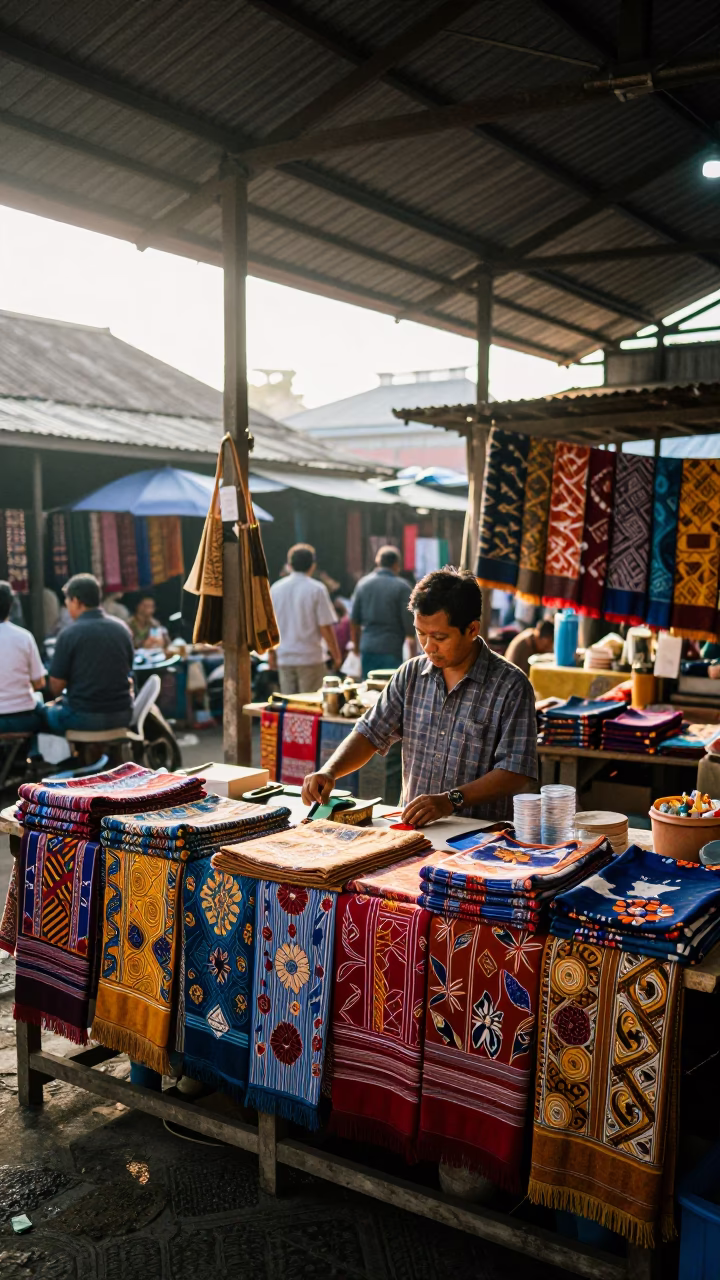 Busy Yogyakarta Morning Market with Batik Textiles and Local Street Life in in Yogyakarta, Indonesia