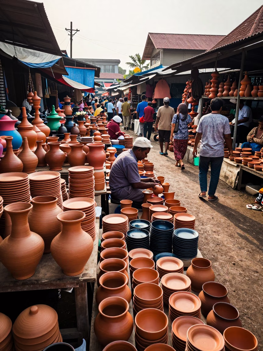 Busy Yogyakarta Pottery Market Late Morning Stacked Wares and Local Commerce in in Yogyakarta, Indonesia