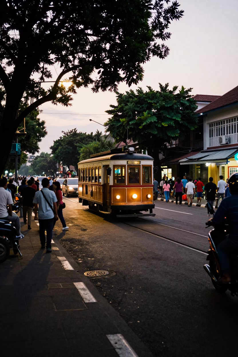 Busy Yogyakarta Street Corner at Dusk with Old Trolley and Local Life in in Yogyakarta, Indonesia