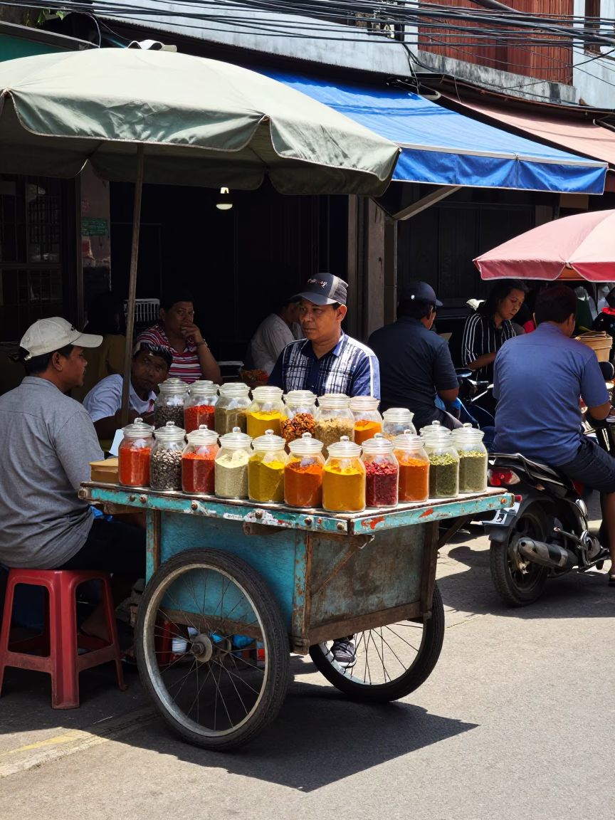 Busy Yogyakarta street corner under noon glare with vendors and glass jars in in Yogyakarta, Indonesia