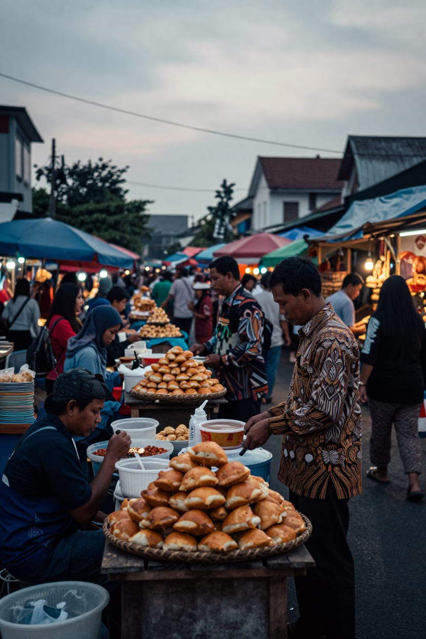 Busy Yogyakarta Street Market at Nautical Dawn with Pastries and Garlic Bulbs in in Yogyakarta, Indonesia