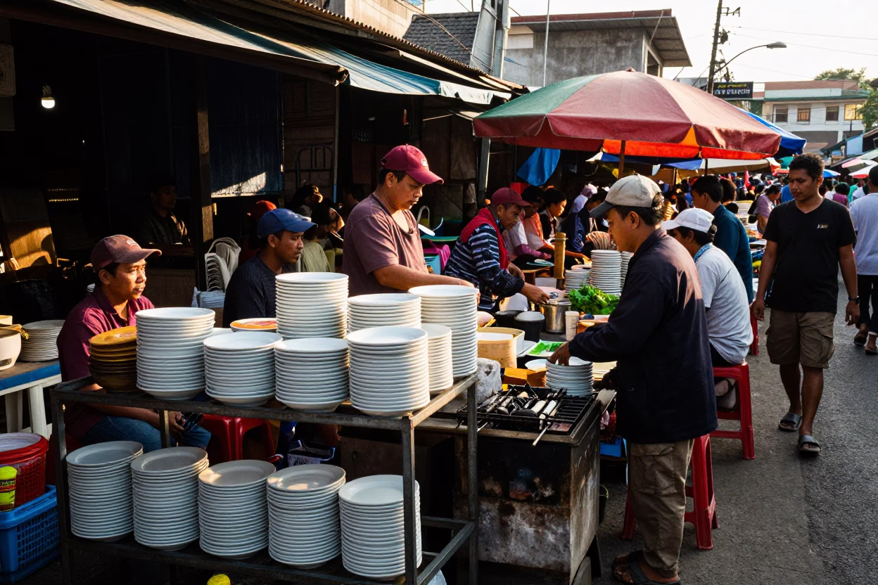 Busy Yogyakarta Street Market Late Afternoon with Stacked Plates and Kebab Grilling in in Yogyakarta, Indonesia