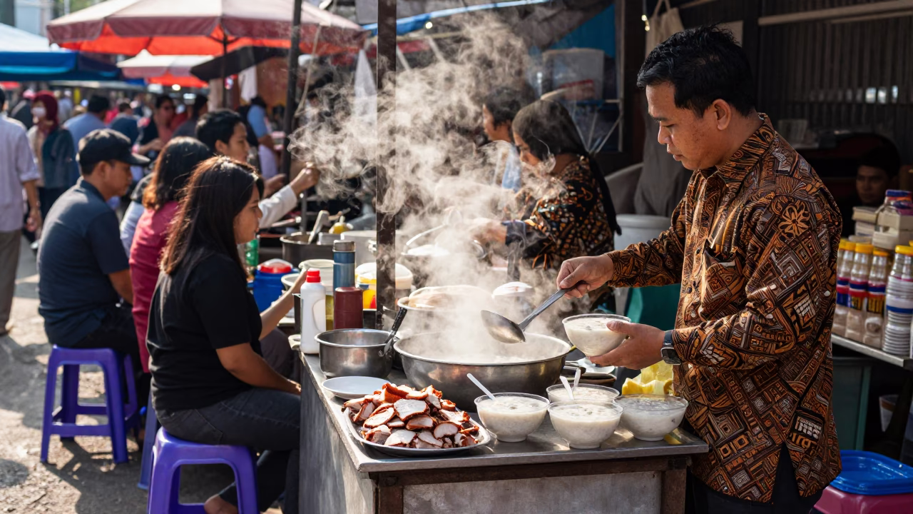 Busy Yogyakarta Street Market Stall Midday with Congee and Kettle in in Yogyakarta, Indonesia