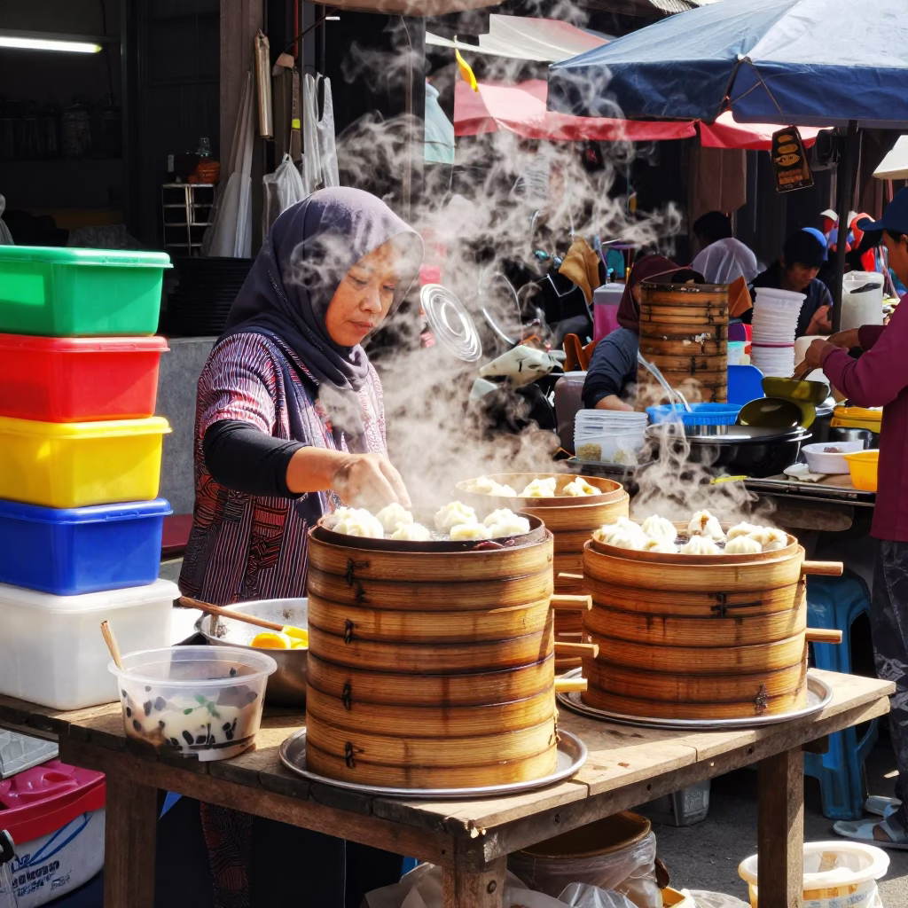 Busy Yogyakarta Street Market Stall with Bamboo Steamers and Local Life in in Yogyakarta, Indonesia