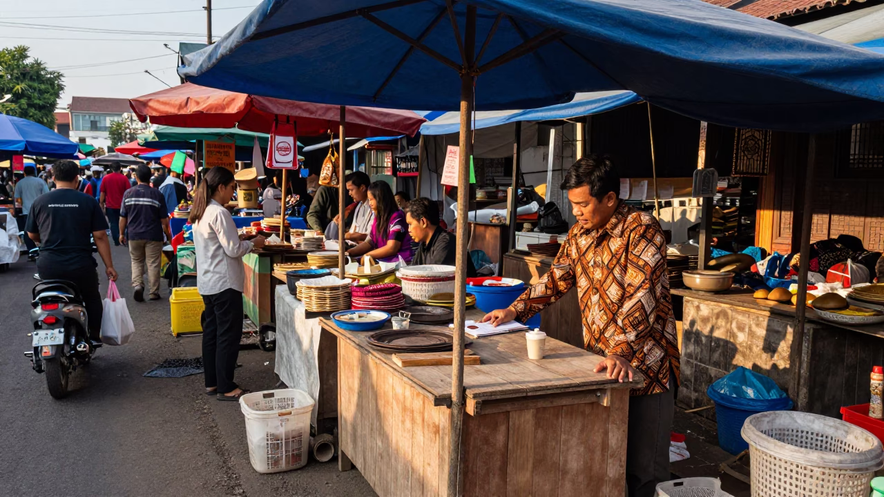 Busy Yogyakarta Street Market Stall with Local Vendor and Customers in Early Afternoon Light in in Yogyakarta, Indonesia