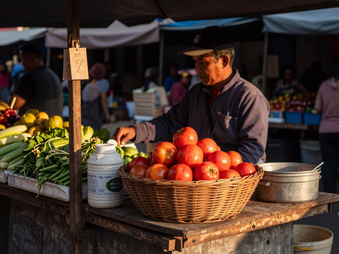 Busy Yogyakarta Street Market Stall with Wicker Basket and Tomatoes at Golden Hour in in Yogyakarta, Indonesia