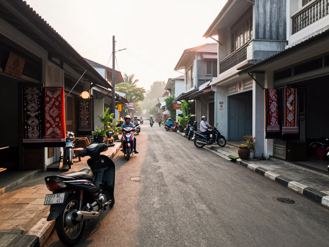 Busy Yogyakarta Street Morning with Motorbikes and Traditional Batik Shop Display in in Yogyakarta, Indonesia