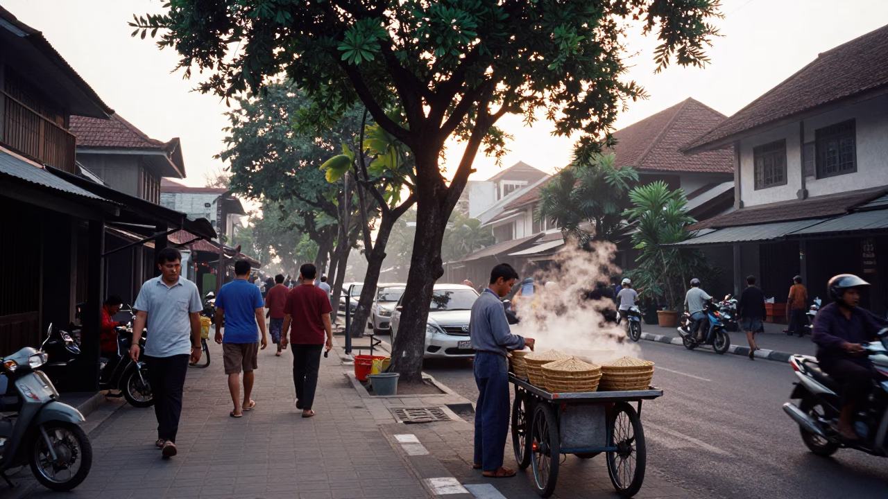 Busy Yogyakarta Street Scene at First Light with Traditional Food and Local Transport in in Yogyakarta, Indonesia