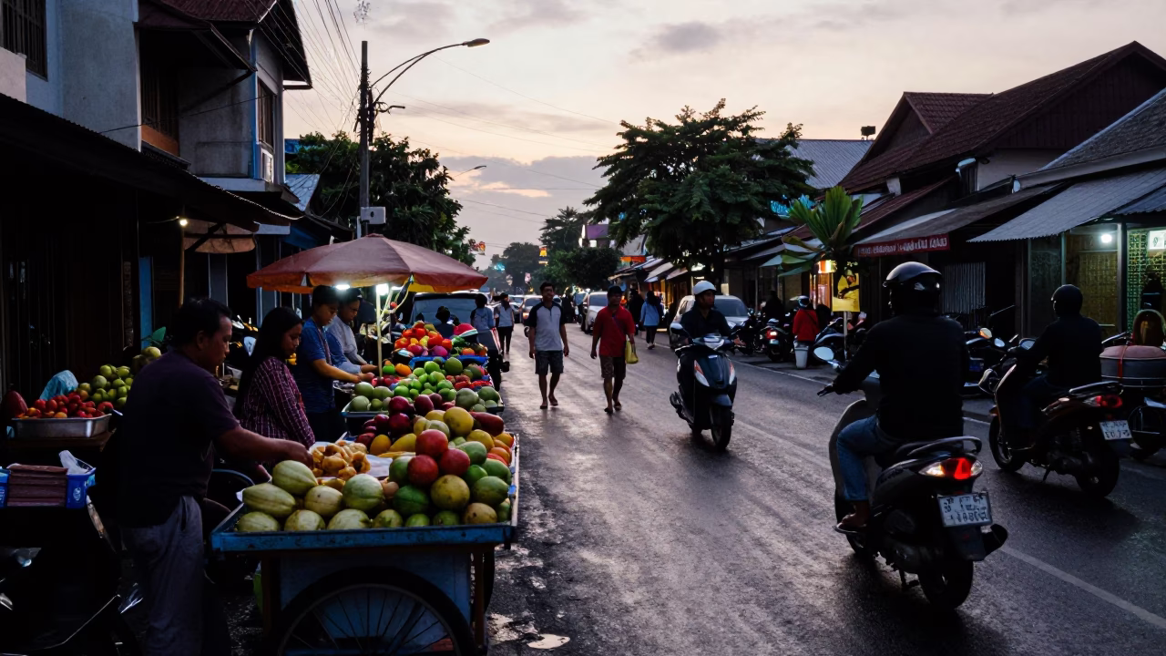 Busy Yogyakarta Street Scene at Nautical Dawn with Scooter and Local Market Activity in in Yogyakarta, Indonesia