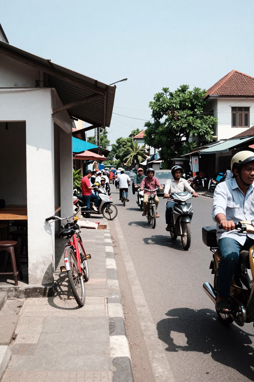 Busy Yogyakarta Street Scene at Noon with Bicycle and Fruit Stall in in Yogyakarta, Indonesia