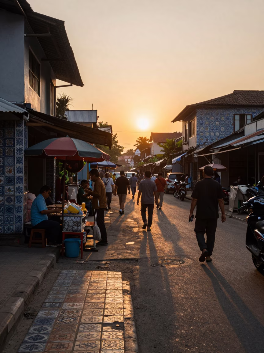 Busy Yogyakarta Street Scene at Sunset with Ceramic Tiles and Local Life in in Yogyakarta, Indonesia
