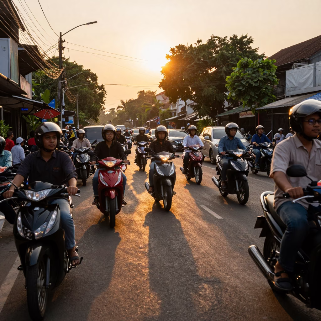 Busy Yogyakarta Street Scene at Sunset with Motorcycles and Traditional Market Activity in in Yogyakarta, Indonesia