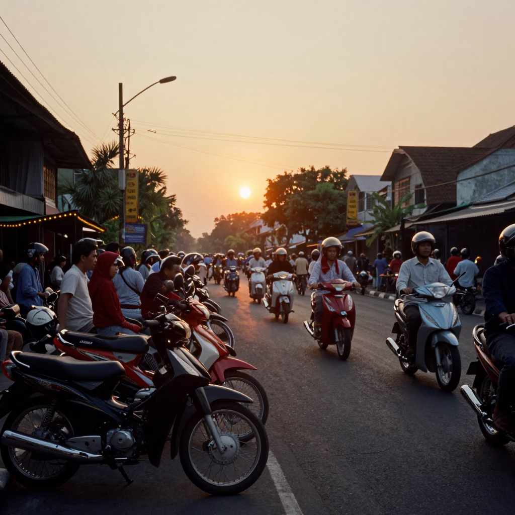 Busy Yogyakarta Street Scene at Sunset with Motorcycles and Traditional Wedding Procession in in Yogyakarta, Indonesia