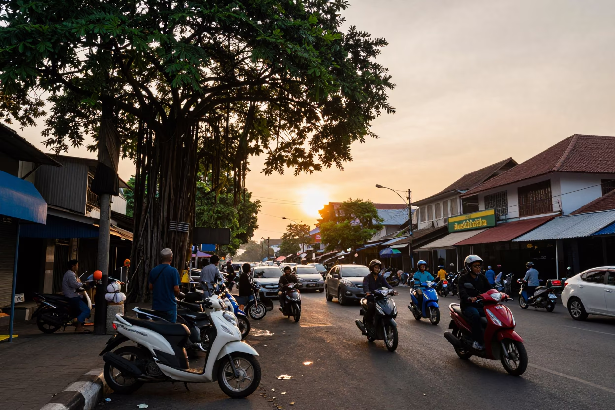 Busy Yogyakarta Street Scene at Sunset with Scooter and Banyan Tree in in Yogyakarta, Indonesia
