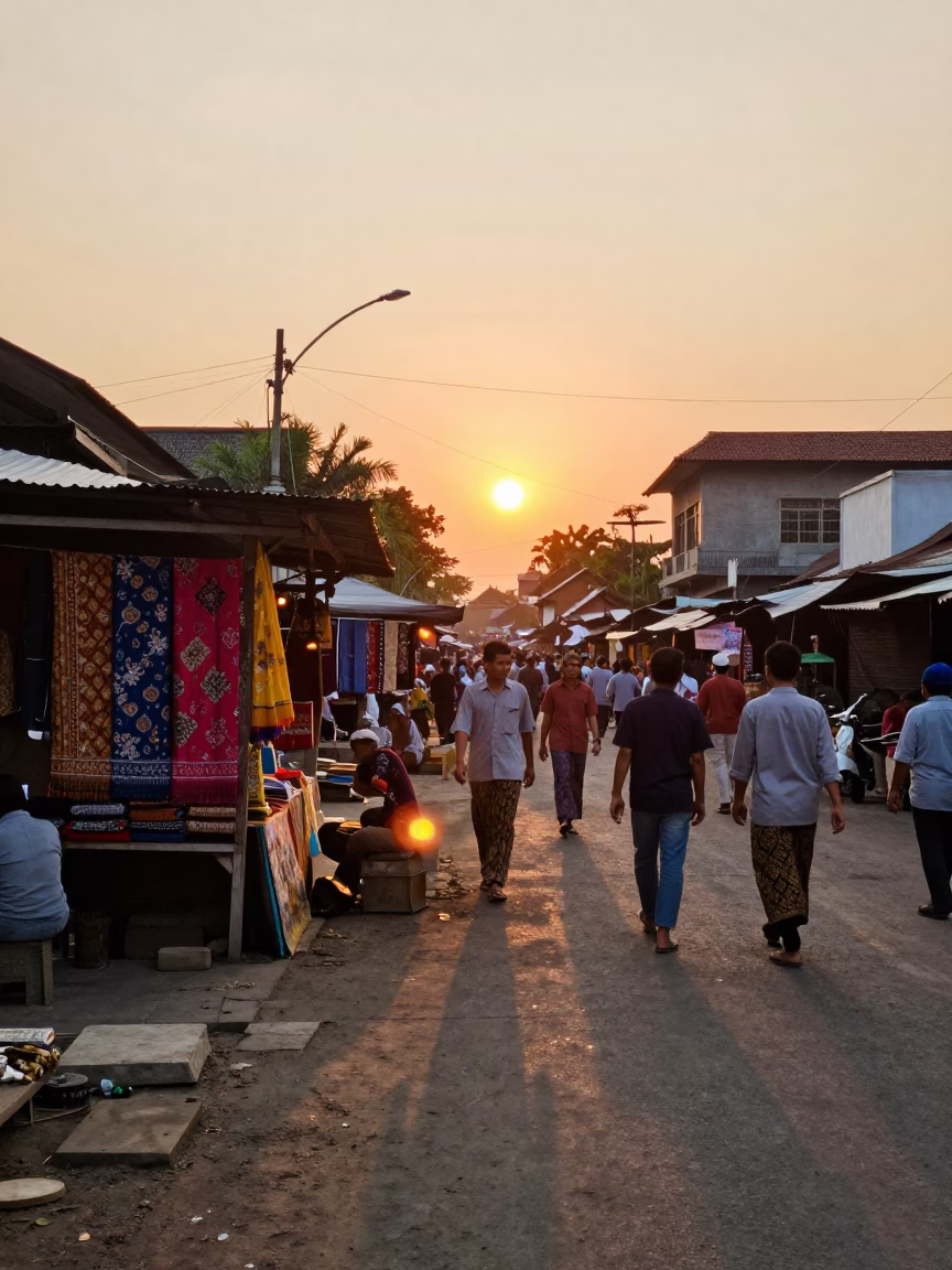 Busy Yogyakarta Street Scene at Sunset with Traditional Batik Shop and Motorbikes in in Yogyakarta, Indonesia