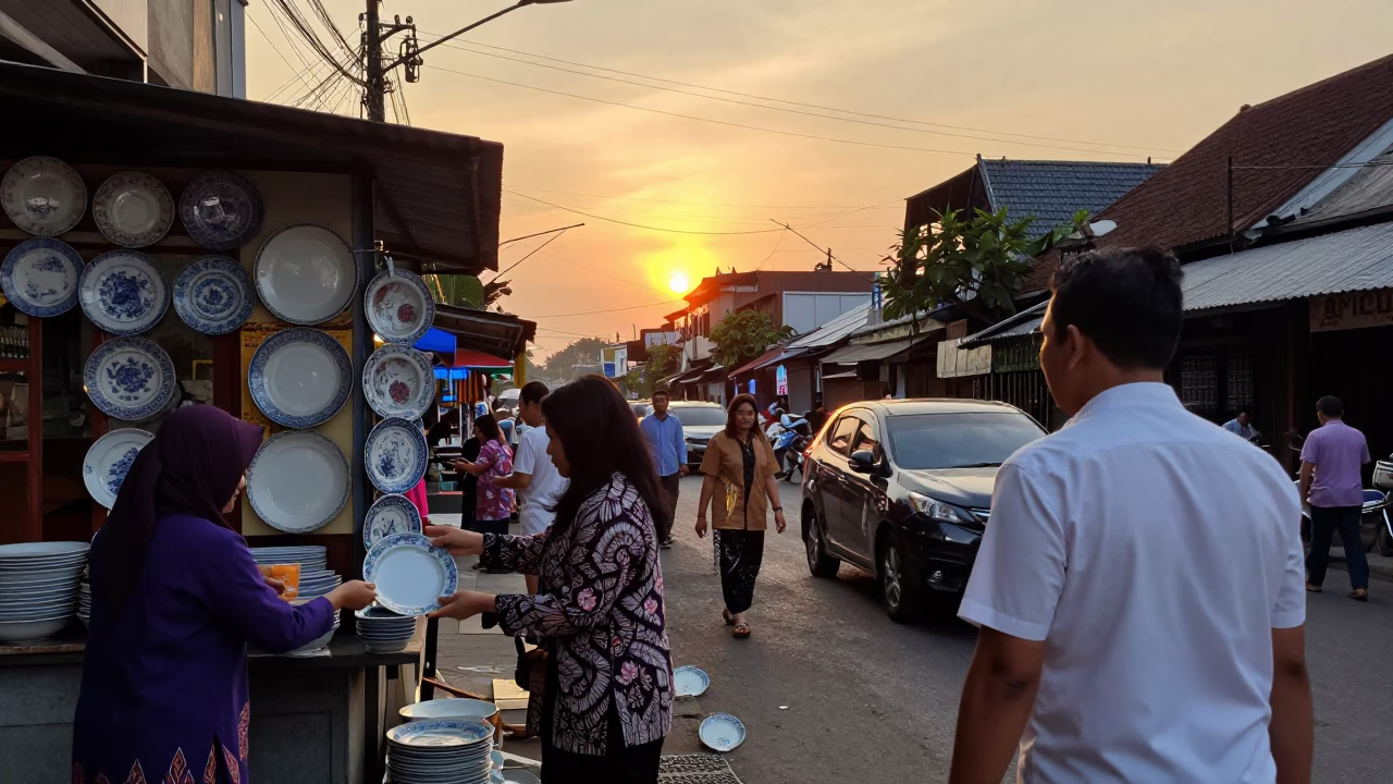 Busy Yogyakarta Street Scene at Sunset with Traditional Batik Shop and Pedestrians in in Yogyakarta, Indonesia