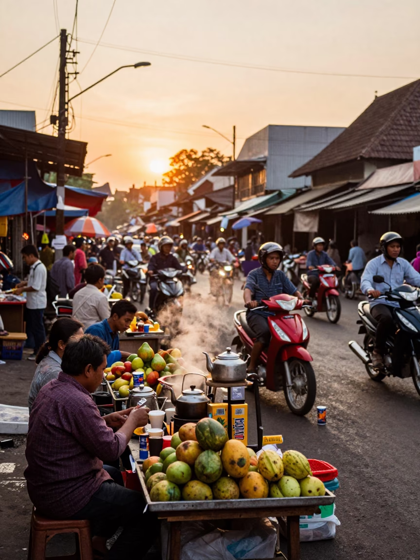 Busy Yogyakarta Street Scene at Sunset with Traditional Market Activity in in Yogyakarta, Indonesia