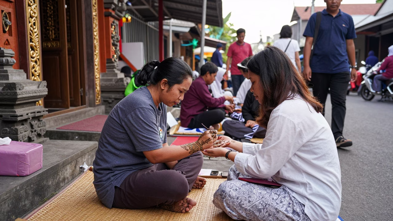 Busy Yogyakarta Street Scene Early Afternoon with Henna Artist and Traditional Architecture in in Yogyakarta, Indonesia