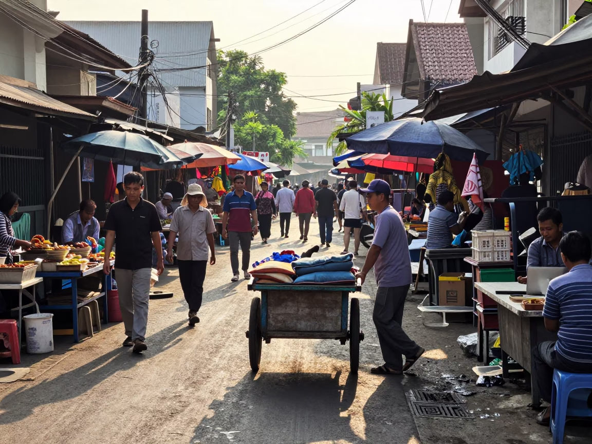 Busy Yogyakarta Street Scene Early Afternoon with Local Market Activity and Traditional Architecture in in Yogyakarta, Indonesia