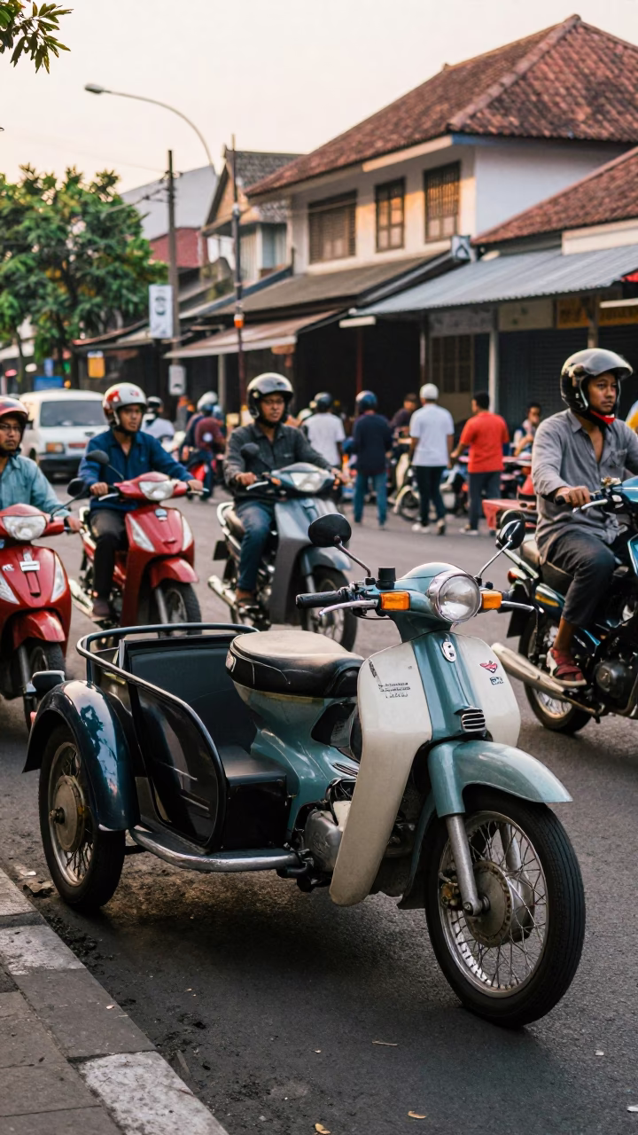 Busy Yogyakarta Street Scene Early Afternoon with Vintage Motorcycle and Local Market Activity in in Yogyakarta, Indonesia