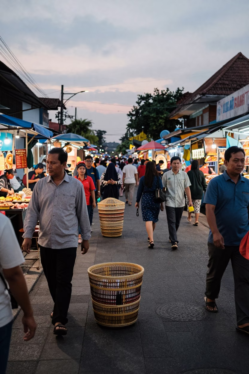 Busy Yogyakarta Street Scene Early Evening with Peg Basket and Local Commerce in in Yogyakarta, Indonesia