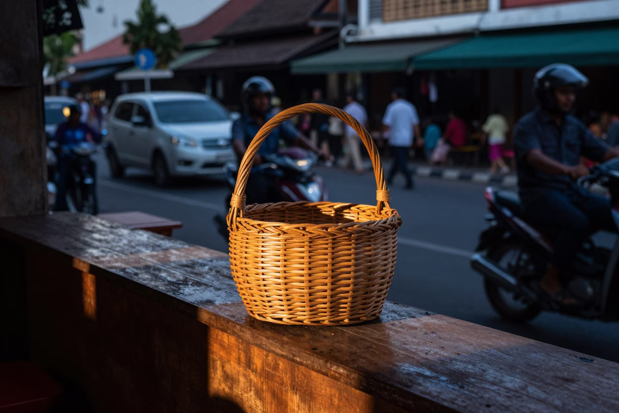 Busy Yogyakarta Street Scene Early Evening with Wicker Basket and Local Life in in Yogyakarta, Indonesia